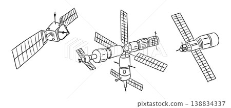 Illustration of three distinct spacecraft designs featuring solar panels, cylindrical bodies, and various configurations, showcasing advanced technology in space exploration 138834337