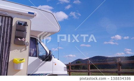 Rv camper camping on nature, Spain. Rv camper camping on nature, Spain. 138834386