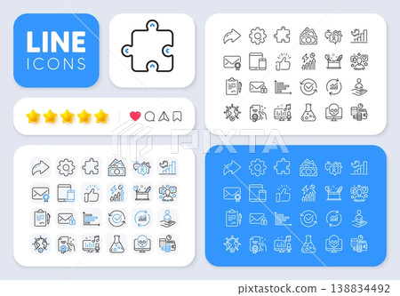 Budget accounting, Money and Growth chart line icons for web app. Message, Share, Like social media icons. Pack of Chemistry lab, Electricity consumption, Creativity concept pictogram icons. Vector Budget accounting, Money and Growth chart line icons for web app. Message, Share, Like social media icons. Pack of Chemistry lab, Electricity consumption, Creativity concept pictogram icons. Vector 138834492