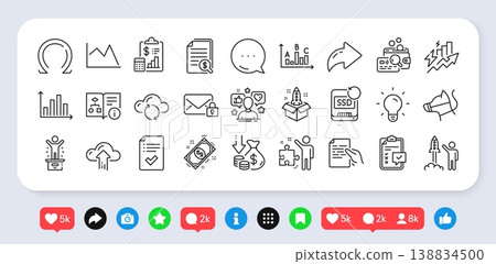 Cloud upload, Financial documents and Inspect line icons pack. Social media: share, comment, like icons. Consumption growth, Survey results, Cloud sync web icon. Vector 138834500