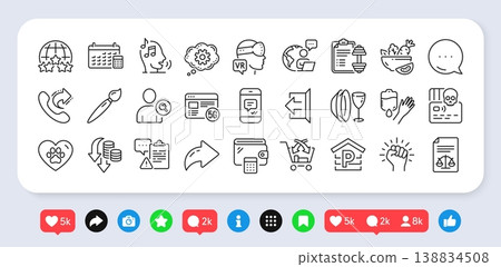 Calendar, Cogwheel and Parking line icons pack. Social media: share, comment, like icons. Outsource work, Blood, Sign out web icon. Voicemail, Share call, Cross sell pictogram. Vector Calendar, Cogwheel and Parking line icons pack. Social media: share, comment, like icons. Outsource work, Blood, Sign out web icon. Voicemail, Share call, Cross sell pictogram. Vector 138834508