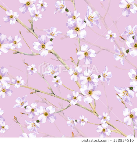 Seamless watercolor pattern with beautiful spring cherry blossoms. The hand painted design features light pink flowers on delicate tree branches. Romantic floral illustration on a soft pink background Seamless watercolor pattern with beautiful spring cherry blossoms. The hand painted design features light pink flowers on delicate tree branches. Romantic floral illustration on a soft pink background 138834510