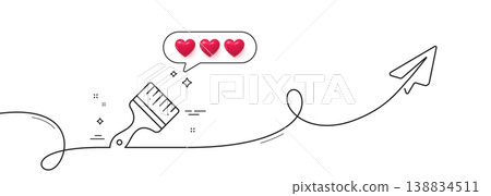 Paint brush line icon. Continuous line with share plane. Wall paintbrush sign. Creative drawing art symbol. Hearts rate review in speech bubble. Brush single line ribbon. Loop curve pattern. Vector Paint brush line icon. Continuous line with share plane. Wall paintbrush sign. Creative drawing art symbol. Hearts rate review in speech bubble. Brush single line ribbon. Loop curve pattern. Vector 138834511