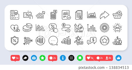 Budget accounting, Money transfer and Excise duty line icons pack. Social media: share, comment, like icons. Diagram graph, Discount coupon, Financial documents web icon. Vector Budget accounting, Money transfer and Excise duty line icons pack. Social media: share, comment, like icons. Diagram graph, Discount coupon, Financial documents web icon. Vector 138834513