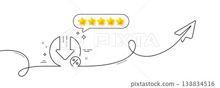 Loan percent decrease line icon. Continuous line with share plane. Discount sign. Credit percentage symbol. Five star rate review in speech bubble. Loan percent single line ribbon. Vector 138834516