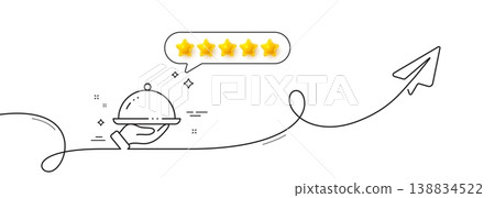 Restaurant food line icon. Continuous line with share plane. Dinner sign. Hotel room service symbol. Five star rate review in speech bubble. Restaurant food single line ribbon. Vector Restaurant food line icon. Continuous line with share plane. Dinner sign. Hotel room service symbol. Five star rate review in speech bubble. Restaurant food single line ribbon. Vector 138834522
