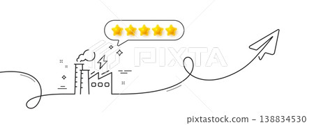 Electricity factory line icon. Continuous line with share plane. Electric energy power type sign. Lightning bolt symbol. Five star rate review in speech bubble. Vector Electricity factory line icon. Continuous line with share plane. Electric energy power type sign. Lightning bolt symbol. Five star rate review in speech bubble. Vector 138834530