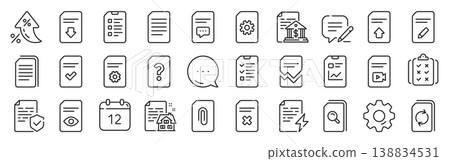 Document Management line icons. Settings gear, Message, Inflation icons. Set of Report, Checklist and Copy icons. Download file, Remove and Attach clip symbols. Vector Document Management line icons. Settings gear, Message, Inflation icons. Set of Report, Checklist and Copy icons. Download file, Remove and Attach clip symbols. Vector 138834531
