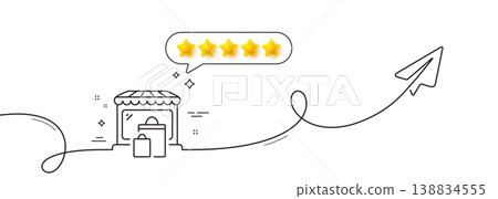 Market line icon. Continuous line with share plane. Shopping bags sign. Retail marketplace symbol. Five star rate review in speech bubble. Market single line ribbon. Loop curve pattern. Vector Market line icon. Continuous line with share plane. Shopping bags sign. Retail marketplace symbol. Five star rate review in speech bubble. Market single line ribbon. Loop curve pattern. Vector 138834555