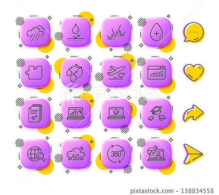 Timer, Puzzle and Oil serum line icons. App 3d buttons. Social media comment, share, like icons. Pack of 360 degrees, Graph laptop, Talk icon. Vector 138834558