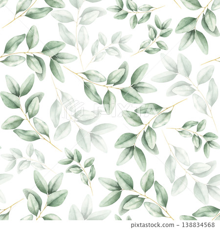 Elegant green eucalyptus leaves seamless pattern. Hand drawn watercolor illustration isolated on a white. Botanical artwork for textile, wrapping paper, wallpaper, invitations, wedding designs, prints Elegant green eucalyptus leaves seamless pattern. Hand drawn watercolor illustration isolated on a white. Botanical artwork for textile, wrapping paper, wallpaper, invitations, wedding designs, prints 138834568