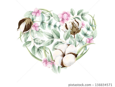 Cotton, eucalyptus and pink snowberries composition in shape of heart. Hand drawn watercolor illustration isolated on white background. Elegant drawing for wedding invitations, birthday cards, prints Cotton, eucalyptus and pink snowberries composition in shape of heart. Hand drawn watercolor illustration isolated on white background. Elegant drawing for wedding invitations, birthday cards, prints 138834571