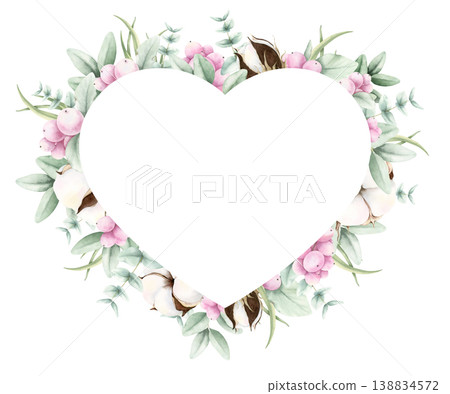 Heart shape frame of cotton, eucalyptus and snowberries. Hand drawn watercolor illustration isolated on white. Elegant painted wreath with copy space for wedding invitations, birthday cards, prints. Heart shape frame of cotton, eucalyptus and snowberries. Hand drawn watercolor illustration isolated on white. Elegant painted wreath with copy space for wedding invitations, birthday cards, prints. 138834572