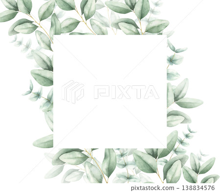 Eucalyptus leaves elegant square frame. Watercolor hand drawn illustration. Motion composition isolated on white. Botanical painting with copy space for greeting cards, wedding invitations, prints. Eucalyptus leaves elegant square frame. Watercolor hand drawn illustration. Motion composition isolated on white. Botanical painting with copy space for greeting cards, wedding invitations, prints. 138834576