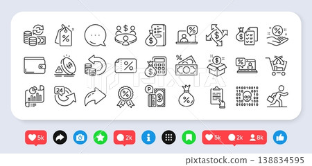 Clipboard, Loan percent and Accounting wealth line icons pack. Social media: share, comment, like icons. Payment exchange, Report document, Online tax web icon. Vector 138834595