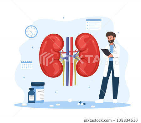 Nephrologist concept. Kidney failure disease. Medical diagnosis and treatment. Male doctor. Nephrology and urinary system treatment. Flat vector illustration Nephrologist concept. Kidney failure disease. Medical diagnosis and treatment. Male doctor. Nephrology and urinary system treatment. Flat vector illustration 138834610