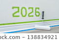 Wall painting project with green tape forming the number 2026 and a paint roller resting on the floor in a modern interior setting 138834921