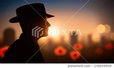 Silhouette of an American soldier wearing a hat against a sunset background with poppy flowers, symbolizing Memorial Day tribute 138834939