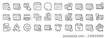 Calendar line icons. Settings gear, Message, Inflation icons. Schedule appointment, Event date, Time planner line icons. Account report, Delivery schedule and Diary planner. Vector 138834940