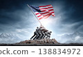 American flag waving in the wind, held by soldiers on a rocky mound with mountains and dramatic sky in the background 138834972