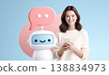 Smiling woman holding smartphone next to friendly chatbot character with speech bubble on colorful background, showcasing modern technology interaction 138834973