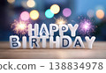 Colorful birthday candles spelling Happy Birthday with sparklers on a wooden table, blurred festive lights in the background 138834978