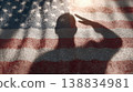 Hyperrealistic photo of a soldier's shadow saluting cast on an American flag, showcasing intricate fabric texture and vibrant colors 138834981