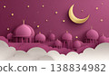 Layered paper cut illustration of magenta mosque domes and arches with a golden crescent moon and stars against a purple background 138834982