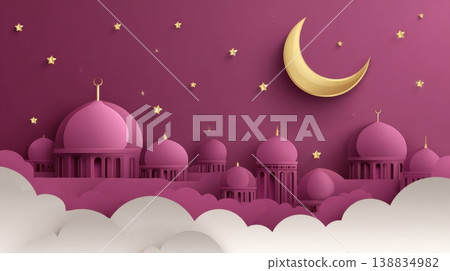 Layered paper cut illustration of magenta mosque domes and arches with a golden crescent moon and stars against a purple background 138834982