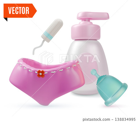 3d Color Women Health Concept Female Panties,Intimate Gel or Soap, Tampon and Menstrual Cup Set Cartoon Design Style. Vector illustration 138834995