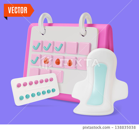 3d Color Women Health Concept Menstrual Cycle Female Calendar, Hygiene Pads and Birth Control Pills Set Cartoon Design Style. Vector illustration 138835038