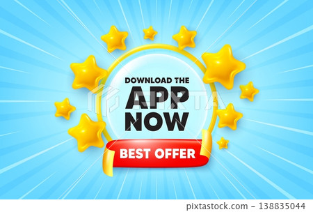 Download app sunburst ray banner. Best offer flag ribbon. Download the app now. Web application sign. Get program software symbol. 3d stars glitter. Red ribbon tag. Discount offer. Vector 138835044