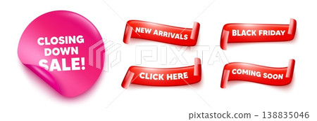 Closing down sale sticker, offer ribbons. Black friday, coming soon. Closing down sale. Special offer price sign. Advertising discounts symbol. Pink sticker tag. Flag ribbon banners. Vector Closing down sale sticker, offer ribbons. Black friday, coming soon. Closing down sale. Special offer price sign. Advertising discounts symbol. Pink sticker tag. Flag ribbon banners. Vector 138835046