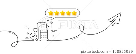 Bill Accounting line icon. Continuous line with share plane. Business audit sign. Check finance symbol. Five star rate review in speech bubble. Bill accounting single line ribbon. Vector Bill Accounting line icon. Continuous line with share plane. Business audit sign. Check finance symbol. Five star rate review in speech bubble. Bill accounting single line ribbon. Vector 138835059
