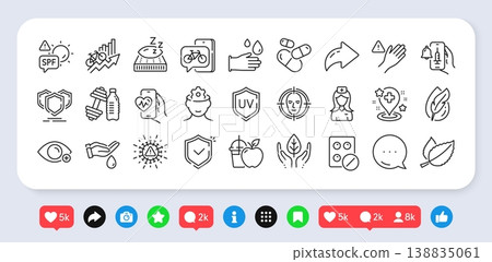 Vaccine announcement, Shield and Hypoallergenic tested line icons pack. Social media: share, comment, like icons. Farsightedness, Dont touch, Cardio training web icon. Vector Vaccine announcement, Shield and Hypoallergenic tested line icons pack. Social media: share, comment, like icons. Farsightedness, Dont touch, Cardio training web icon. Vector 138835061