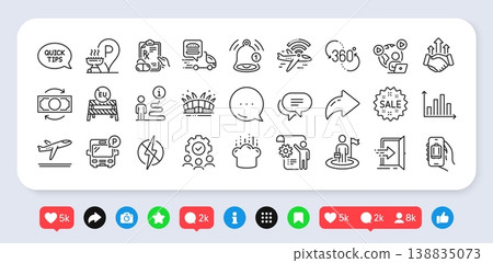 Grill place, Quickstart guide and Airplane wifi line icons pack. Social media: share, comment, like icons. Teamwork, Food delivery, 360 degree web icon. Vector 138835073