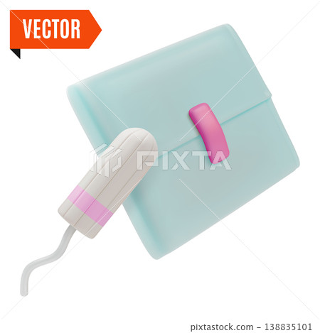 3d Color Women Health Concept Cotton Tampon and Hygiene Pads Package Set Cartoon Design Style. Vector illustration 138835101