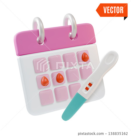 3d Color Women Health Concept Menstrual Cycle Female Calendar and Pregnancy Test Set Cartoon Design Style. Vector illustration 138835162