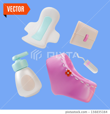 3d Color Women Health Concept Daily Intimate Gel, Panty Hygiene Pads, Cotton Tampon and Menstrual Cup Set Cartoon Design Style. Vector illustration 3d Color Women Health Concept Daily Intimate Gel, Panty Hygiene Pads, Cotton Tampon and Menstrual Cup Set Cartoon Design Style. Vector illustration 138835164