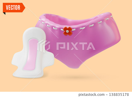 3d Color Women Health Concept Floating Hygiene Pads and Female Panties Set Cartoon Design Style. Vector illustration 3d Color Women Health Concept Floating Hygiene Pads and Female Panties Set Cartoon Design Style. Vector illustration 138835178