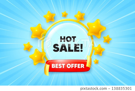 Hot sale sunburst ray banner. Best offer flag ribbon. Hot Sale tag. Special offer price sign. Advertising Discounts symbol. 3d stars glitter. Red ribbon tag. Discount offer. Vector 138835301