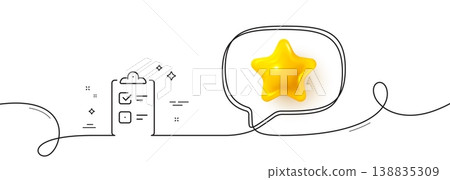 Checklist line icon. Continuous line with 3d star. Clipboard document sign. Questioning survey symbol. 3d star in speech bubble. Checklist single line ribbon. Loop curve pattern. Vector Checklist line icon. Continuous line with 3d star. Clipboard document sign. Questioning survey symbol. 3d star in speech bubble. Checklist single line ribbon. Loop curve pattern. Vector 138835309