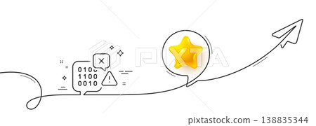 Binary code line icon. Continuous line with share plane. Ransomware threat sign. Cyber attack symbol. 3d star in speech bubble. Binary code single line ribbon. Loop curve pattern. Vector Binary code line icon. Continuous line with share plane. Ransomware threat sign. Cyber attack symbol. 3d star in speech bubble. Binary code single line ribbon. Loop curve pattern. Vector 138835344