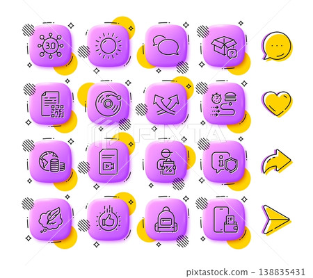 Copyright chat, Vinyl record and Video file line icons. App 3d buttons. Social media comment, share, like icons. Pack of Food delivery, Sunny weather, Backpack icon. Vector 138835431
