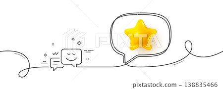 Message speech bubbles with Smile line icon. Continuous line with 3d star. Chat emotion sign. 3d star in speech bubble. Happy emotion single line ribbon. Loop curve pattern. Vector 138835466