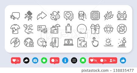 Medical help, Video conference and Strong arm line icons pack. Social media: share, comment, like icons. No puzzle, Strategy, Vitamin a web icon. Sun protection, Grill basket, Card pictogram. Vector Medical help, Video conference and Strong arm line icons pack. Social media: share, comment, like icons. No puzzle, Strategy, Vitamin a web icon. Sun protection, Grill basket, Card pictogram. Vector 138835477
