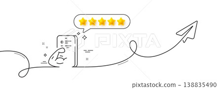 Fitness line icon. Continuous line with share plane. Online exercise sign. Live coach symbol. Five star rate review in speech bubble. Fitness single line ribbon. Loop curve pattern. Vector Fitness line icon. Continuous line with share plane. Online exercise sign. Live coach symbol. Five star rate review in speech bubble. Fitness single line ribbon. Loop curve pattern. Vector 138835490