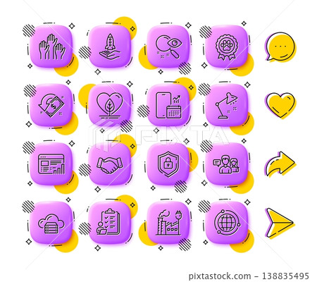 Employees handshake, Phone calendar and Local grown line icons. App 3d buttons. Social media comment, share, like icons. Pack of Crowdfunding, Web report, Checklist icon. Vector Employees handshake, Phone calendar and Local grown line icons. App 3d buttons. Social media comment, share, like icons. Pack of Crowdfunding, Web report, Checklist icon. Vector 138835495