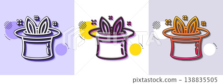 Hat-trick line icon. Halftone dotted pattern. Gradient icon with grain shadow. Magic tricks with hat and rabbit sign. Illusionist show symbol. Line hat-trick icon. Various designs. Vector 138835505