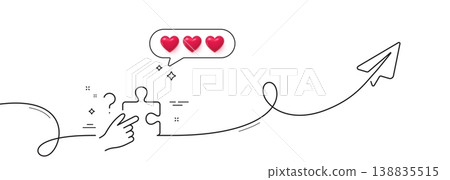 Search puzzle line icon. Continuous line with share plane. Jigsaw piece with Question sign. Find solution symbol. Hearts rate review in speech bubble. Search puzzle single line ribbon. Vector 138835515